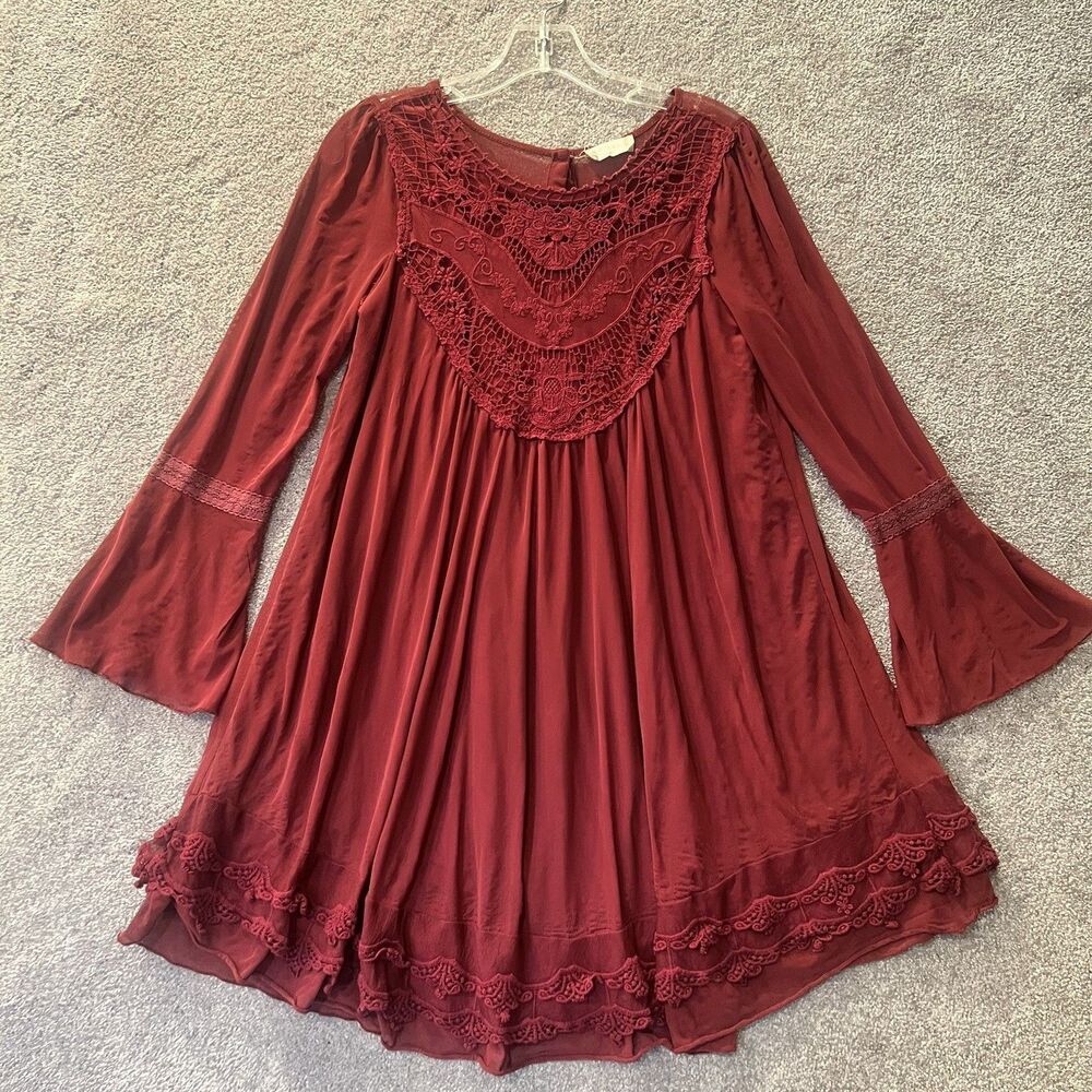 Altar’d State Romper Dress Womens XXS Burgundy Lace Crochet Bell Sleeve Flowy
